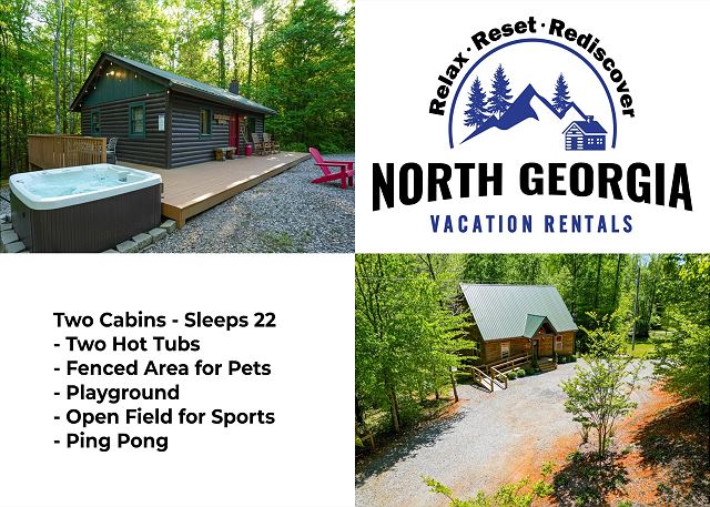 Two Cabins with Hot Tubs-Playset/Sleeps 22/7 Acres